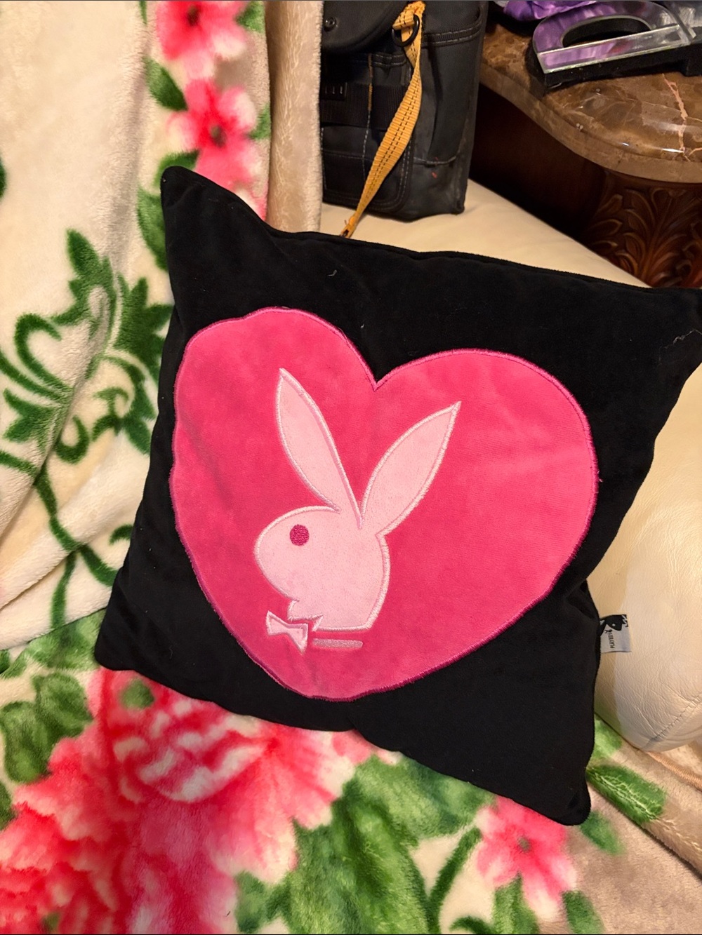 PLAYBOY Black Pillow with Pink Heart Bunny Applique